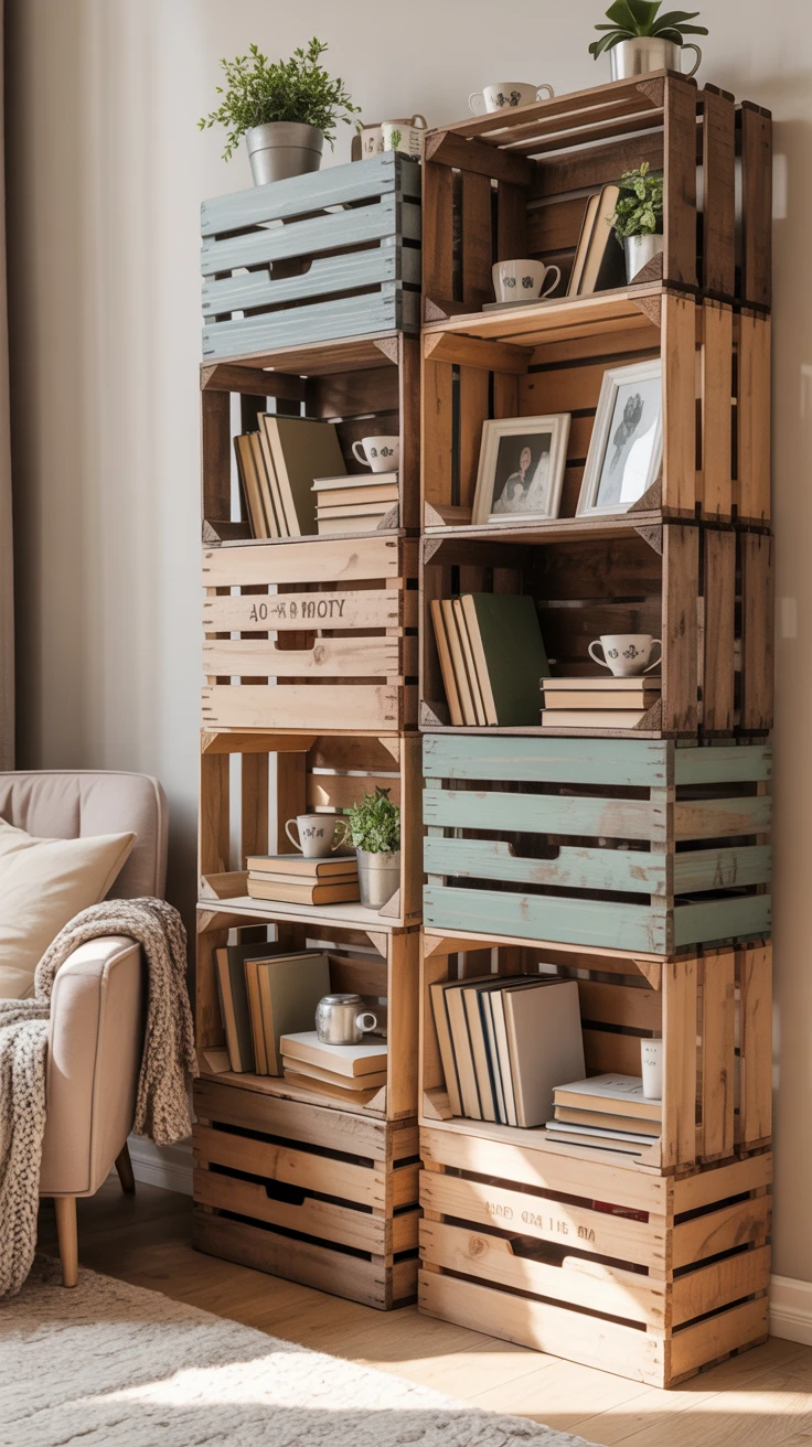 3. Craft a Rustic Crate Bookshelf