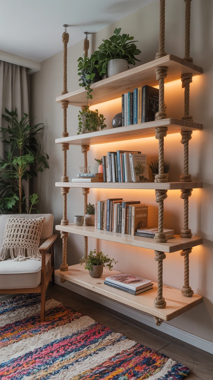 6. DIY Hanging Rope Bookshelf for a Unique Look